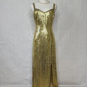 Vintage Expressions Gold Sequin Silk Maxi Dress Womens 8 Forma Beaded Gown